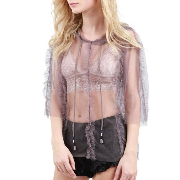 NWT POL Shear Mesh Ruffle Trim Hooded Blouse Top - Picture 4 of 6